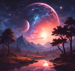 Illustration of outer planet with starry galaxy.