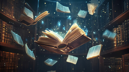 Wall Mural - Magical books floating in the air, glowing with mystical energy in an enchanted library filled with ancient volumes and ethereal light. Nightglow. Illustration