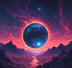 Illustration of outer planet with starry galaxy.