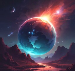 Illustration of outer planet with starry galaxy.