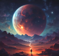 Illustration of outer planet with starry galaxy.
