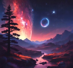 Illustration of outer planet with starry galaxy.