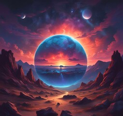 Illustration of outer planet with starry galaxy.