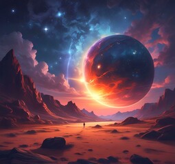 Illustration of outer planet with starry galaxy.
