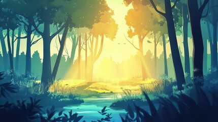 Wall Mural - Serene Forest Stream at Golden Hour Sunlight