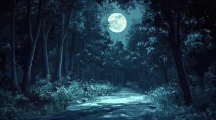 Wall Mural - Moonlit Forest Path A Serene Night Scene