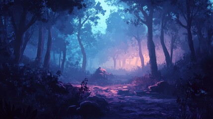 Wall Mural - Enchanting Purple Twilight Forest Path Scene
