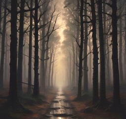 Illustration of dark spooky woods.