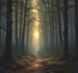 Illustration of dark spooky woods.