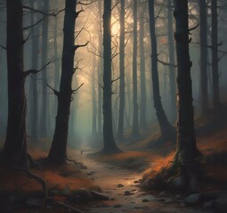 Illustration of dark spooky woods.