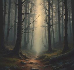 Illustration of dark spooky woods.