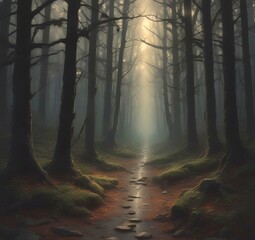 Illustration of dark spooky woods.