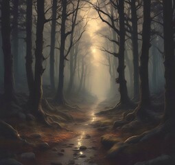 Illustration of dark spooky woods.