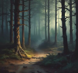 Illustration of dark spooky woods.