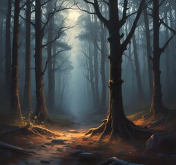 Illustration of dark spooky woods.