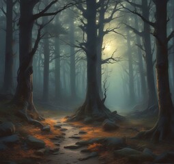 Illustration of dark spooky woods.