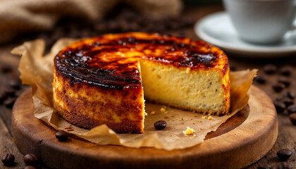 Wall Mural - A rustic Basque burnt cheesecake with a caramelized top and creamy center.