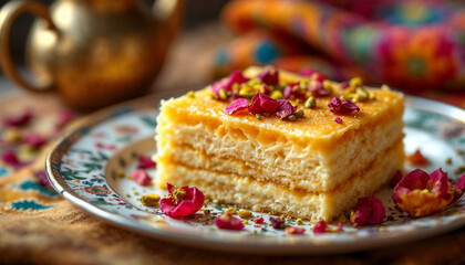 Wall Mural - A square of knafeh with shredded pastry, gooey cheese, pistachios, and rose petals.