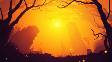 Wall Mural - Silhouetted Forest at Golden Hour Sunset Landscape
