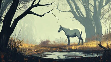 Wall Mural - White Horse Stands Serene In Misty Autumn Woods