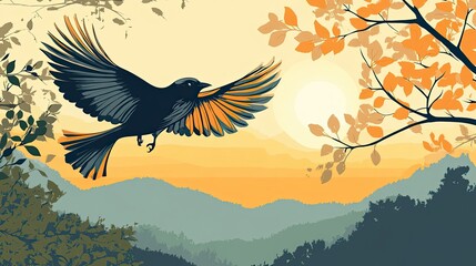 Poster - Blackbird Soaring Above Autumnal Mountain Landscape