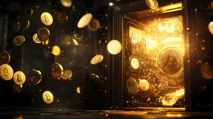 Sticker - Bitcoins floating through the air, glowing with a golden light, as they enter a sleek, futuristic savings bank vault with a digital interface, with copy space. Nightglow. Illustration