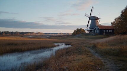 A classic windmill stands amid a serene landscape of fields and water, under a vast, blue sky, embodying rural tranquility and timeless beauty.