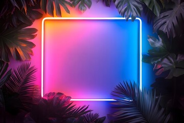 Wall Mural - neon rainbow rectangular frame on a dark background of palm leaves.