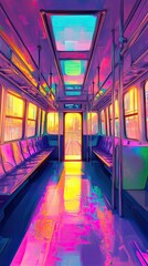 Poster - Vibrant Neon Subway Car Interior Cityscape View