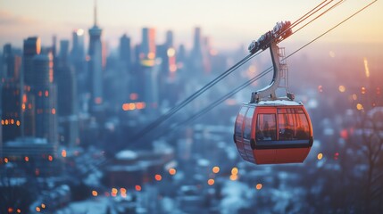 Canvas Print - A vibrant red cable car glides across a cityscape at dusk, lights twinkling in the background, blending urban excitement with serene altitude.