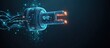 © Galaxyd - Futuristic glowing plug, wires, and digital particles on dark background.
