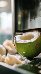 Canvas Print - Green coconut being processed, showing its fresh, white flesh and husk.