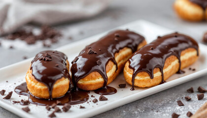 Wall Mural - Three éclairs with glossy chocolate glaze and creamy filling, elegantly presented.






