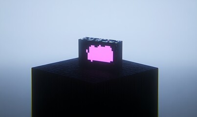 Wall Mural - Pink pixelated light inside a dark, blocky structure.