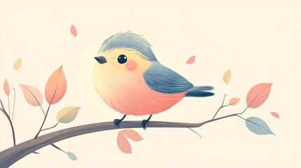 Wall Mural - Cute pastel bird perched on branch with autumn leaves.