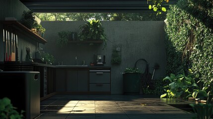 A neatly arranged garage featuring gardening tools and a sustainable energy backup unit.