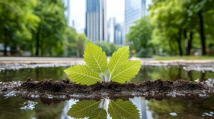 Wall Mural - Fresh Green Leaves Growing in Urban Landscape with Reflections on Water and City Background