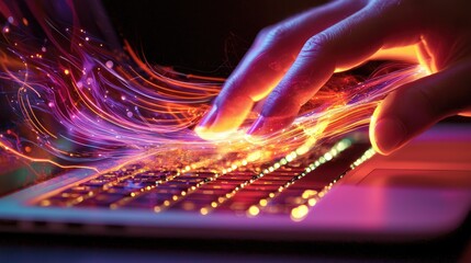 Poster - Hand Touching Laptop Keyboard with Colorful Light Trails Creating a Digital Aura Effect in a Dark Environment