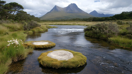 Poster - Tranquil River Landscape with Mossy Stones and Majestic Mountains Under Cloudy Sky