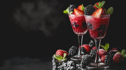 Wall Mural - Delicious berry parfaits served in elegant glasses featuring fresh raspberries blackberries and a vibrant cocktail perfect for desserts and summer gatherings with friends and family