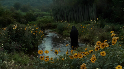 Wall Mural - Mysterious Figure in Black Cloak Standing by a Stream Surrounded by Sunflowers and Nature