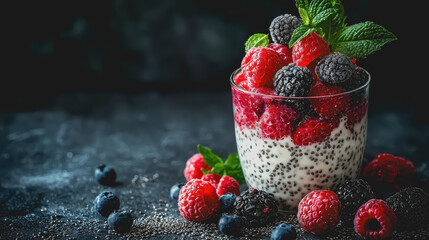 Wall Mural - Chia Seed Pudding with Berries Healthy Dessert Recipe Nutritious Superfood Vegan Snack Delicious Fresh Ingredients Natural Wellness Lifestyle Photography