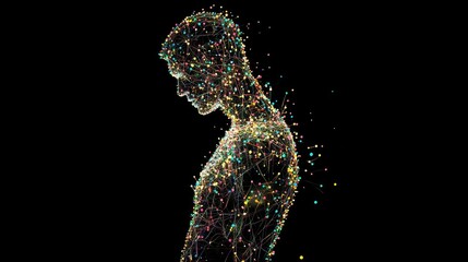 Fototapete - Abstract Representation of a Human Silhouette with Colorful Light Trails and Particle Effects Against Dark Background