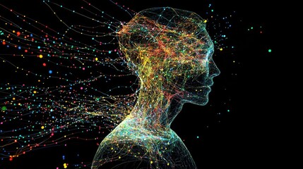 Poster - Abstract representation of human mind with colorful neural connections and vibrant information flows in a dark background