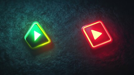 Two glowing play icons, green and red, on dark surface.