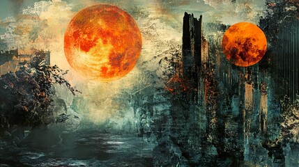 Canvas Print - Surreal Landscape: Twin Moons Over a Ruined City