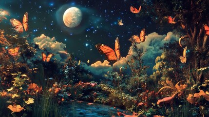 Wall Mural - Enchanted Moonlight Forest: A Dreamlike Butterfly Haven