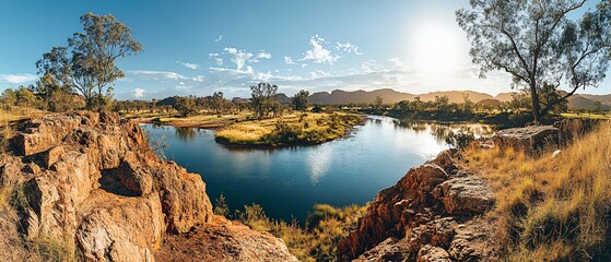 Wall Mural - Scenic outback river bend, sunlit rocks, travel poster