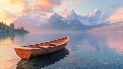 Naklejka na meble Serene sunrise over mountain lake with rowboat.