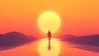 © Mega - Silhouette of a person walking towards a large sun setting over calm water.